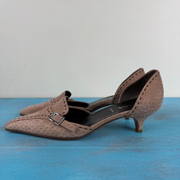 PRADA Tan Ostrich Suede Stitched Pointed Toe Kitten Heels Size 37.5 US 7.5 - Picture 5 of 12